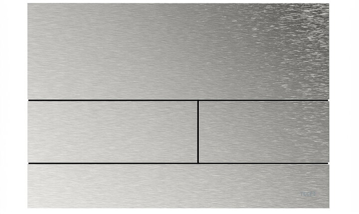 The TECEsquare flush plate in brushed stainless steel impresses with its modern design and clear edge. Image: TECE