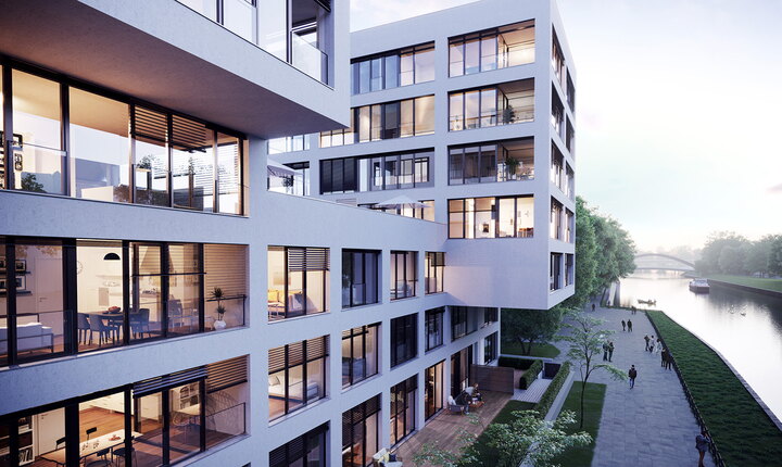 The seven-storey building consists of two end buildings and a connecting three-storey centre section. The upper storeys of the head-end buildings project slightly over the storeys below. Visualisation:© xoio GmbH im Auftrag von 6B47 Germany GmbH