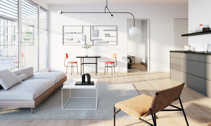 The interior of the 64 flats is characterised by upmarket furnishings in a restrained design in light colours. Visualisation: © xoio GmbH im Auftrag von 6B47 Germany GmbH